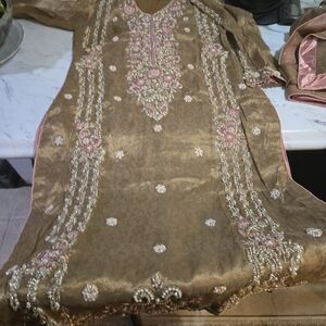 Elegant Embroidered Dress with Pink Accents